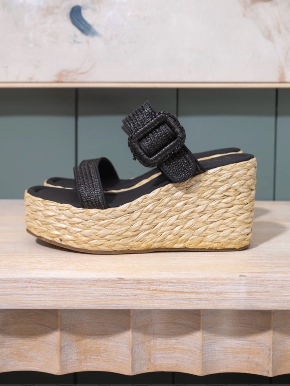 ShuShop Leena Black Woven Wedge Sandals with Natural Platform